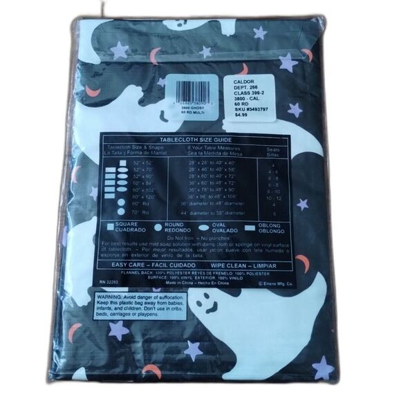 Elrene Halloween Ghost Print Vinyl Tablecloth Black 60" Round NEW - Picture 3 of 5